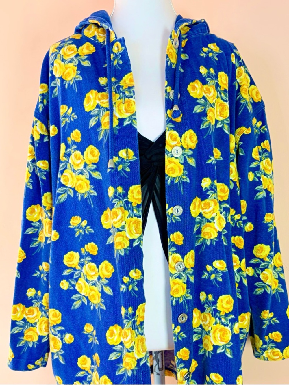 Blue & Yellow Floral Hooded Button-Front Lightweight Spring Jacket 100% Cotton